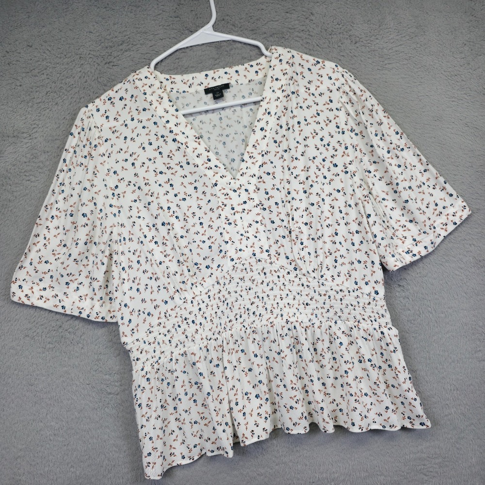 Ann Taylor Top Womens Petite PL White Ditsy Floral Smocked‎ Cottagecore Flowy
